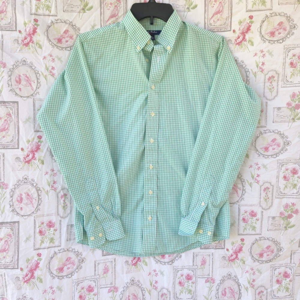 Brooks Brothers Youth L Green Gingham Plaid Non-Iron 100% Cotton Button Up Shirt